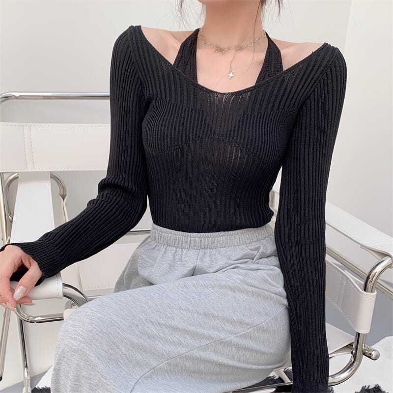 Áo sweater Dệt Kim Hai Dây Dáng Ôm Tay Dài Thời Trang Cho Bạn Gái