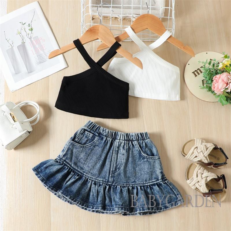 Set Áo Hai Dây Màu Trơn + Chân váy jean Co Giãn Thời Trang Cho Bé Gái 1-5 Tuổi