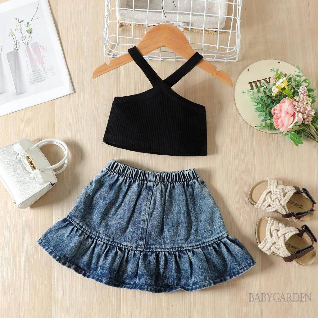 Set Áo Hai Dây Màu Trơn + Chân váy jean Co Giãn Thời Trang Cho Bé Gái 1-5 Tuổi