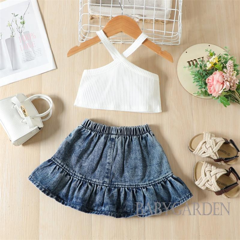 Set Áo Hai Dây Màu Trơn + Chân váy jean Co Giãn Thời Trang Cho Bé Gái 1-5 Tuổi