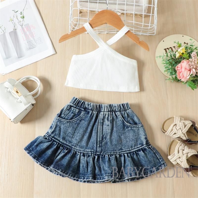 Set Áo Hai Dây Màu Trơn + Chân váy jean Co Giãn Thời Trang Cho Bé Gái 1-5 Tuổi