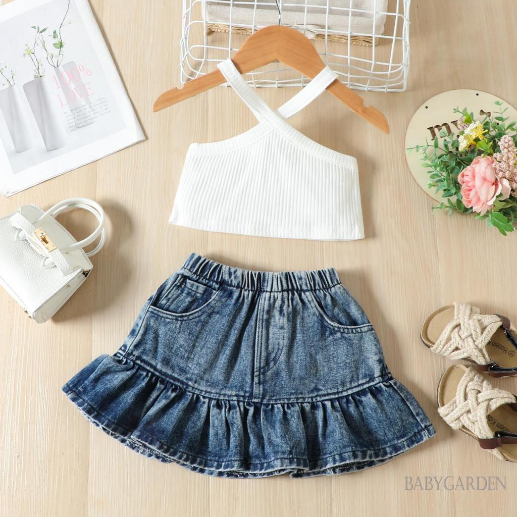 Set Áo Hai Dây Màu Trơn + Chân váy jean Co Giãn Thời Trang Cho Bé Gái 1-5 Tuổi