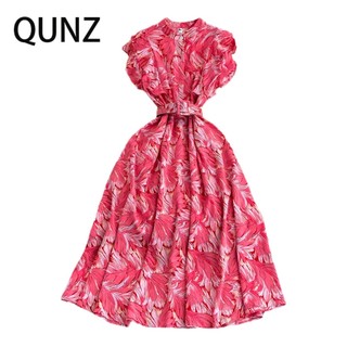 Qunz Đầm Cổ Đứng Nhấn Eo In Họa Tiết Thời Trang Xinh Xắn 6372