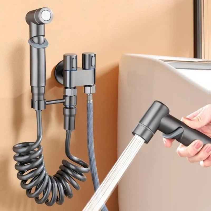 Bộ Vòi Xịt Nước 2 Đầu Ra Bằng Đồng Thau Gắn Tường Nhà Vệ Sinh