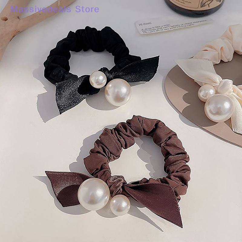 Dây Buộc Tóc Nhung Đính Ngọc Trai Siêu Co Giãn Màu Đen Đơn Giản Mới