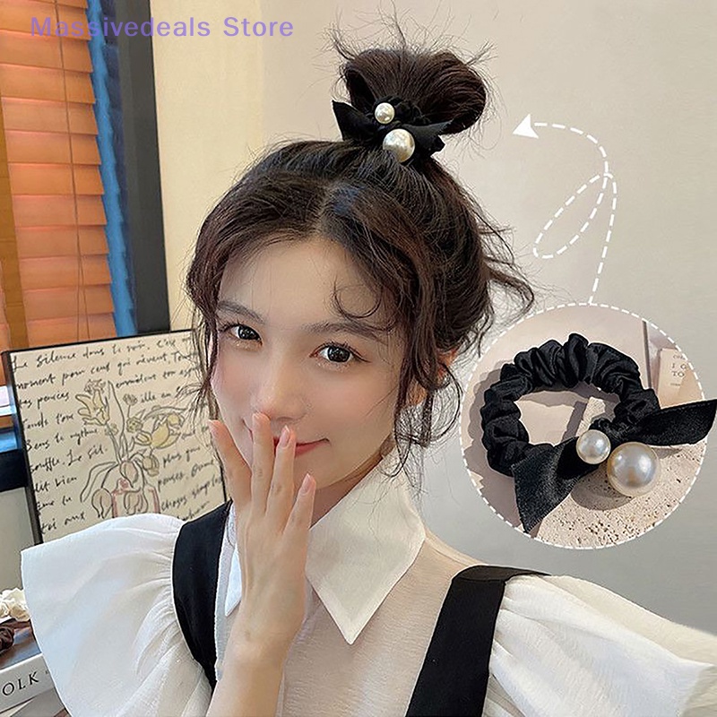 Dây Buộc Tóc Nhung Đính Ngọc Trai Siêu Co Giãn Màu Đen Đơn Giản Mới