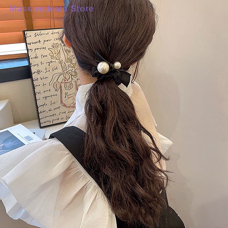 Dây Buộc Tóc Nhung Đính Ngọc Trai Siêu Co Giãn Màu Đen Đơn Giản Mới