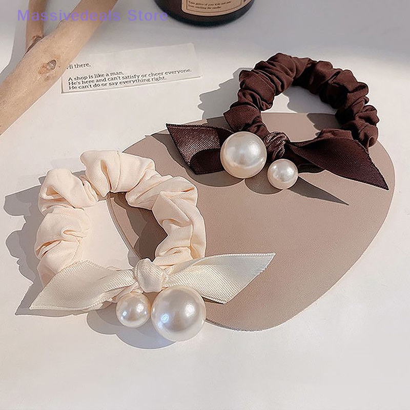 Dây Buộc Tóc Nhung Đính Ngọc Trai Siêu Co Giãn Màu Đen Đơn Giản Mới