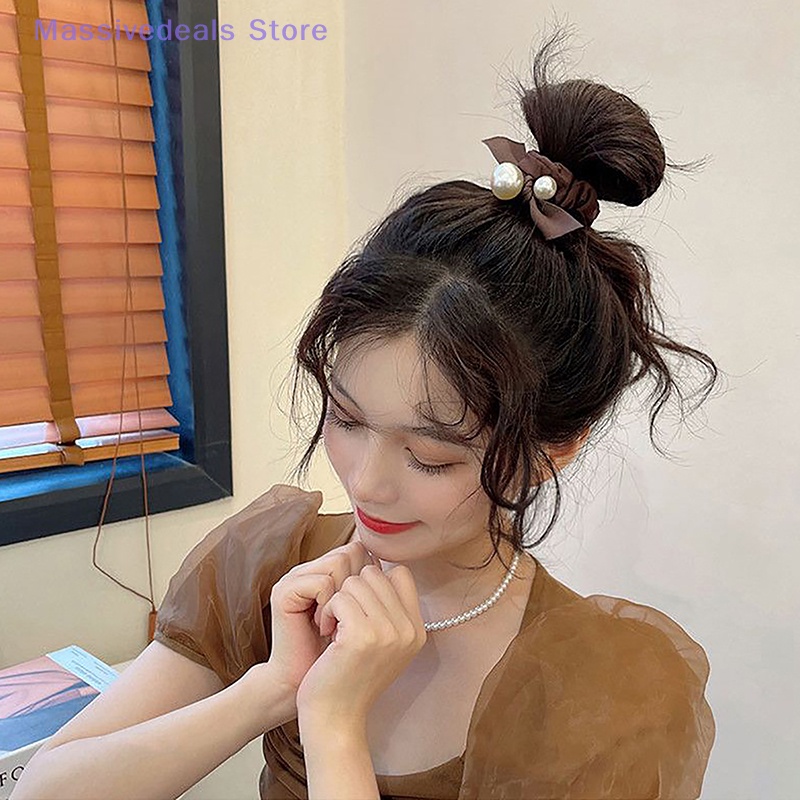 Dây Buộc Tóc Nhung Đính Ngọc Trai Siêu Co Giãn Màu Đen Đơn Giản Mới