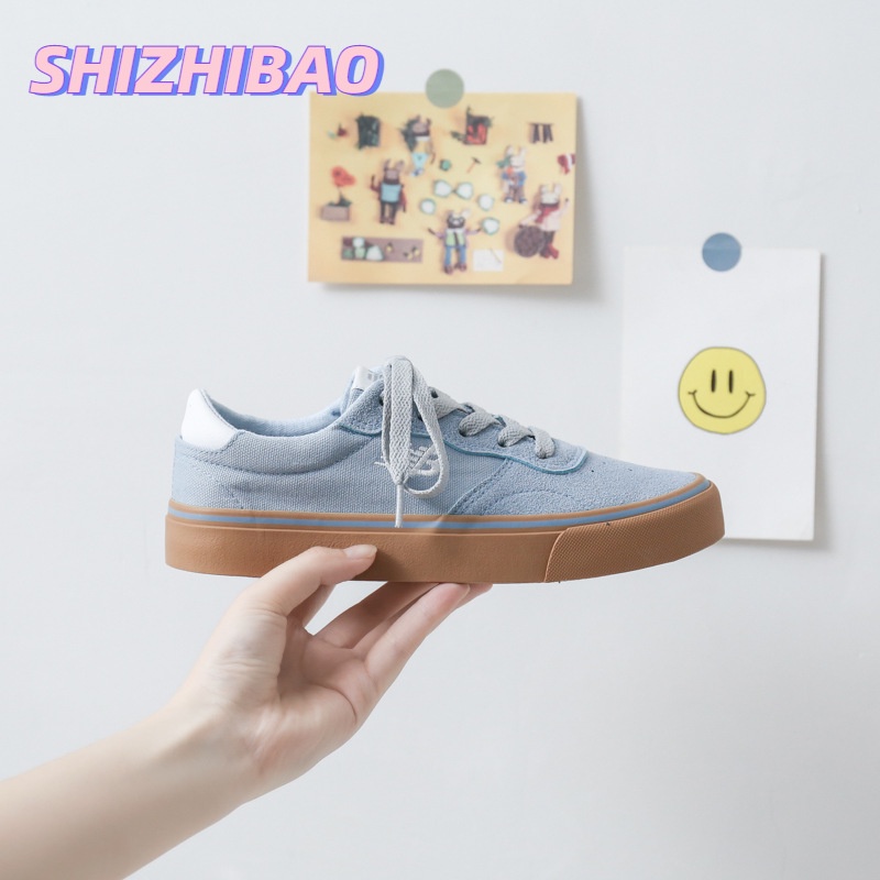Shizhibao Giày Vải canvas Cổ Thấp Thêu Họa Tiết Màu Xanh Dương Phong Cách retro Hàn Quốc Dành Cho Cặp Đôi Dễ Phối Đồ