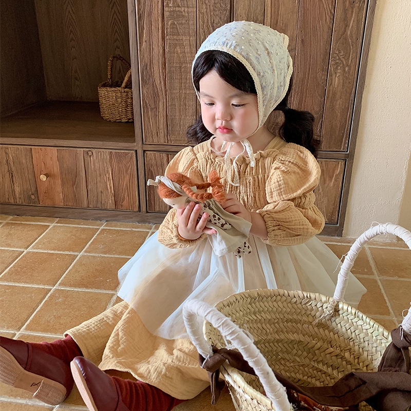 Zuo xiaoran Đầm Xếp Ly Phối Lưới Phong Cách Hàn Quốc Thời Trang Mùa Thu 2023 Dành Cho Bé Gái