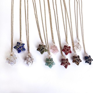 Natural Stone Powder Crystal Necklace Women's New Amethyst Tiger Eye Crystal Pentagon Gold Star Wrapped Necklace Pendant