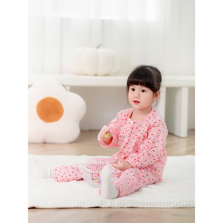 Bộ Dài Tay Bé Gái CARROT, Họa Tiết Hoa Nhí Kẻ Caro Hồng, Chất Liệu Thô Cotton Mềm Thoáng Mát Thấm Hút Mồ Hôi Tốt