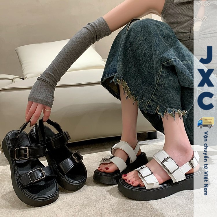 JINxCHOY SHOES Giày dép đế dày màu đen Bên ngoài mùa hè Giày dép đế mềm 100% Vintage La Mã Sandals T