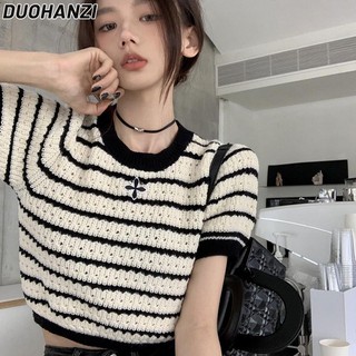 Áo Dệt Kim Ngắn Tay Dáng Rộng Họa Tiết Kẻ Sọc Trắng Đen Phong Cách Hàn Quốc Thời Trang Xuân Hè Cho Nữ