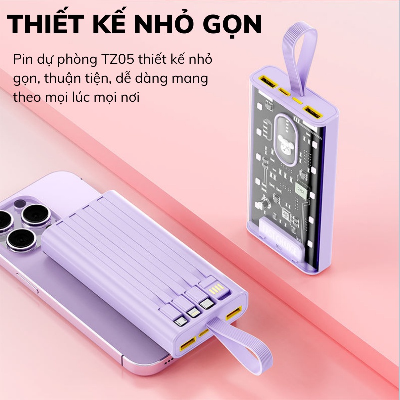 Sạc Dự Phòng Dung Lượng 20000mah ,Chính Hãng TZ04 Tích Hợp 4 Dây Sạc,Nhỏ Gọn Thời Trang Kèm Đèn LED-  SP01 Techzone Mall