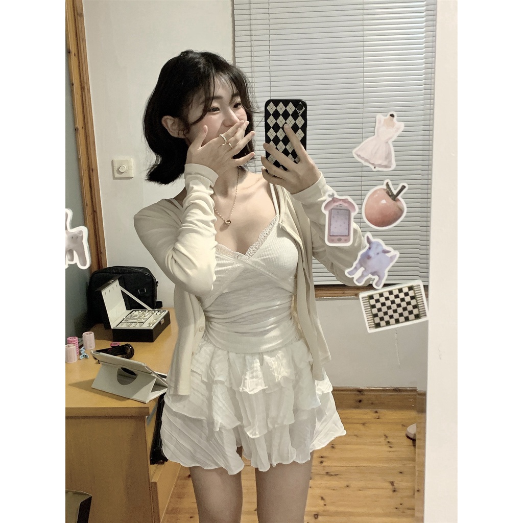 Set Áo Váy Ren Và Áo Khoác cardigan Mỏng Phong Cách Ngọt Ngào Mùa Xuân Hè Mới