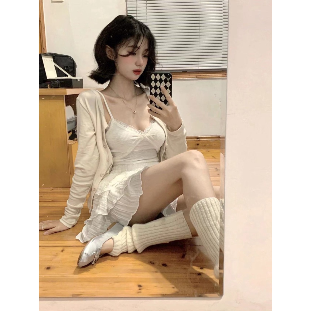 Set Áo Váy Ren Và Áo Khoác cardigan Mỏng Phong Cách Ngọt Ngào Mùa Xuân Hè Mới