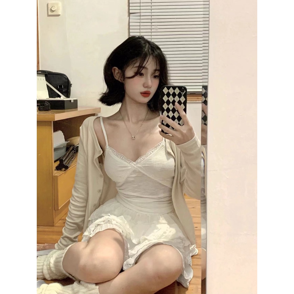Set Áo Váy Ren Và Áo Khoác cardigan Mỏng Phong Cách Ngọt Ngào Mùa Xuân Hè Mới