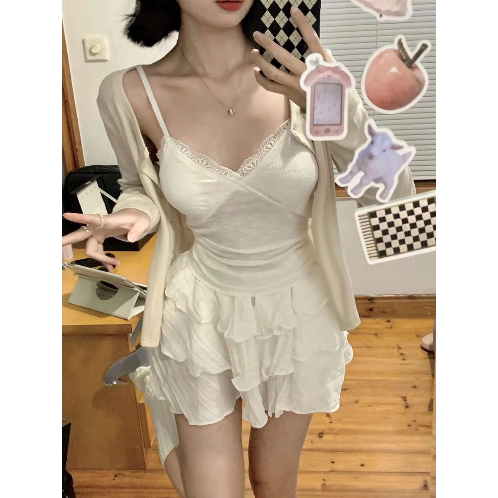 Set Áo Váy Ren Và Áo Khoác cardigan Mỏng Phong Cách Ngọt Ngào Mùa Xuân Hè Mới