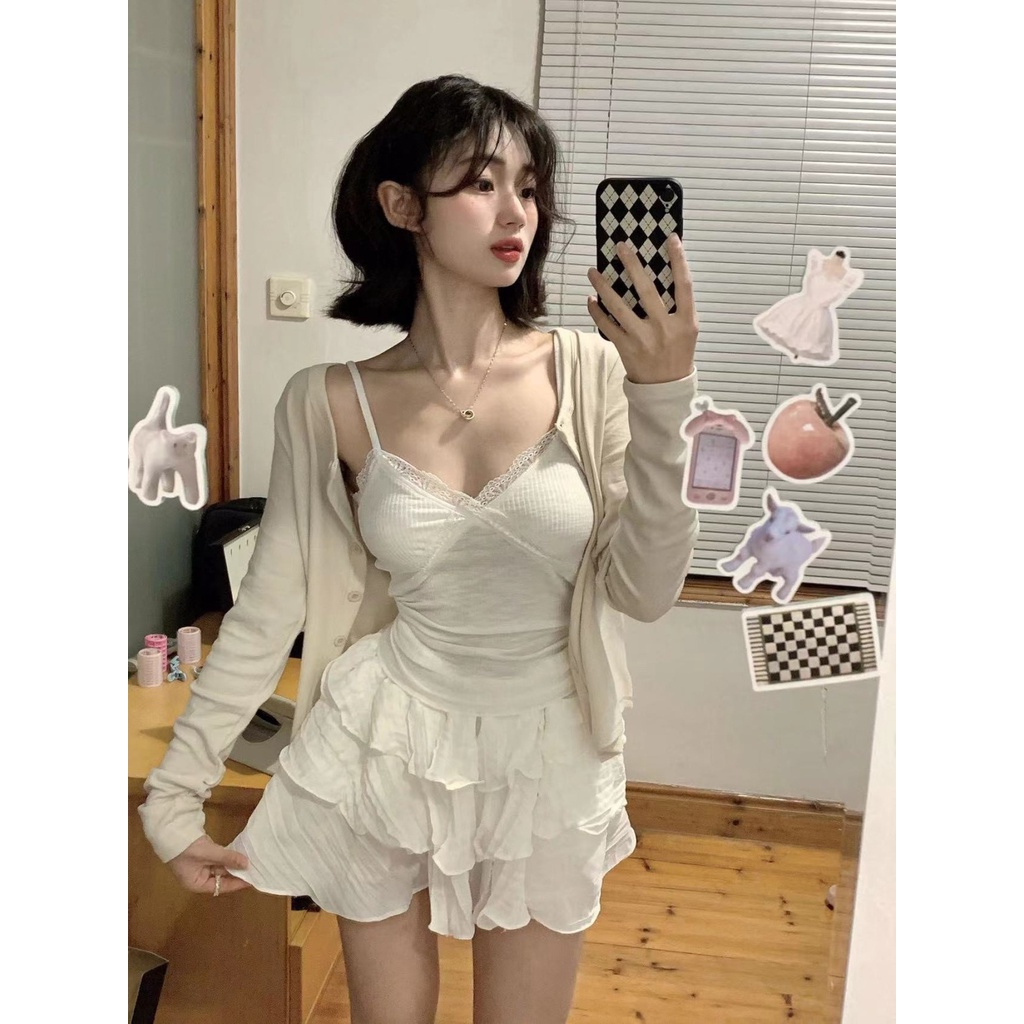 Set Áo Váy Ren Và Áo Khoác cardigan Mỏng Phong Cách Ngọt Ngào Mùa Xuân Hè Mới