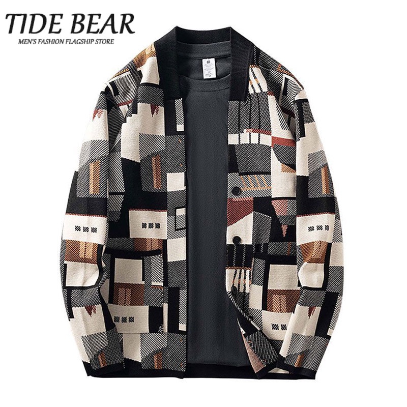 Áo khoác len TIDE BEAR họa tiết tranh sơn dầu hình học thời trang cho nam plus size