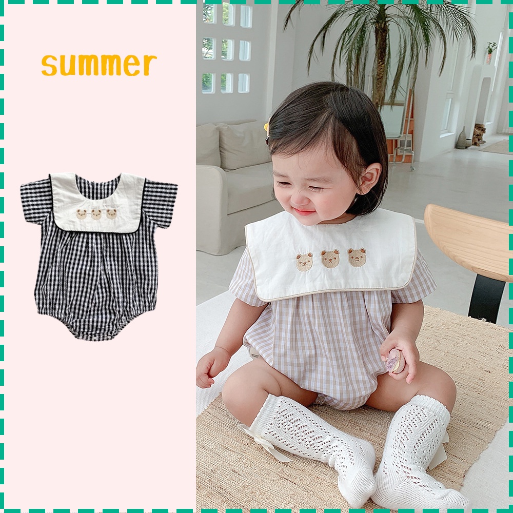Áo Liền Quần Ngắn Tay Họa Tiết Sọc Caro Thời Trang Mùa Hè Cho Bé Gái 0-24 Tháng Tuổi