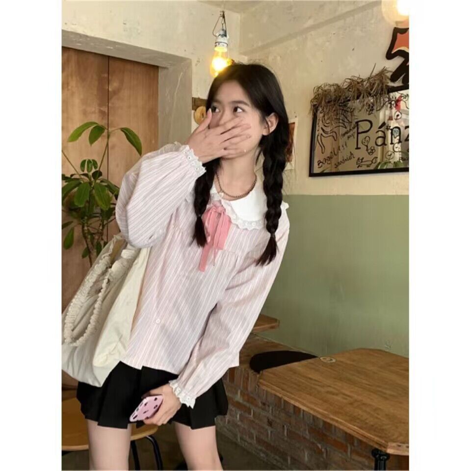 Áo Sơ Mi Tay Dài Cổ Búp Bê Họa Tiết Kẻ Sọc Phong Cách Nhật Bản Thời Trang Xuân Hè Mới 2023 Dành Cho Bạn Nữ