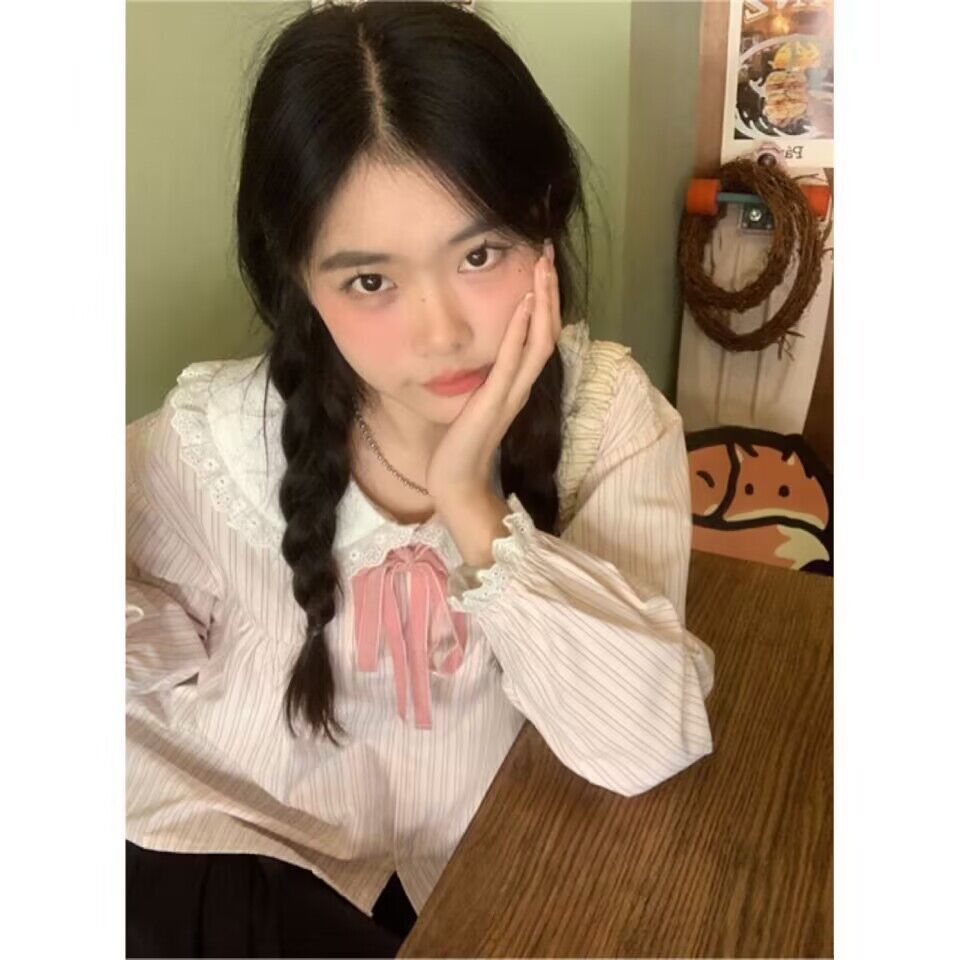 Áo Sơ Mi Tay Dài Cổ Búp Bê Họa Tiết Kẻ Sọc Phong Cách Nhật Bản Thời Trang Xuân Hè Mới 2023 Dành Cho Bạn Nữ