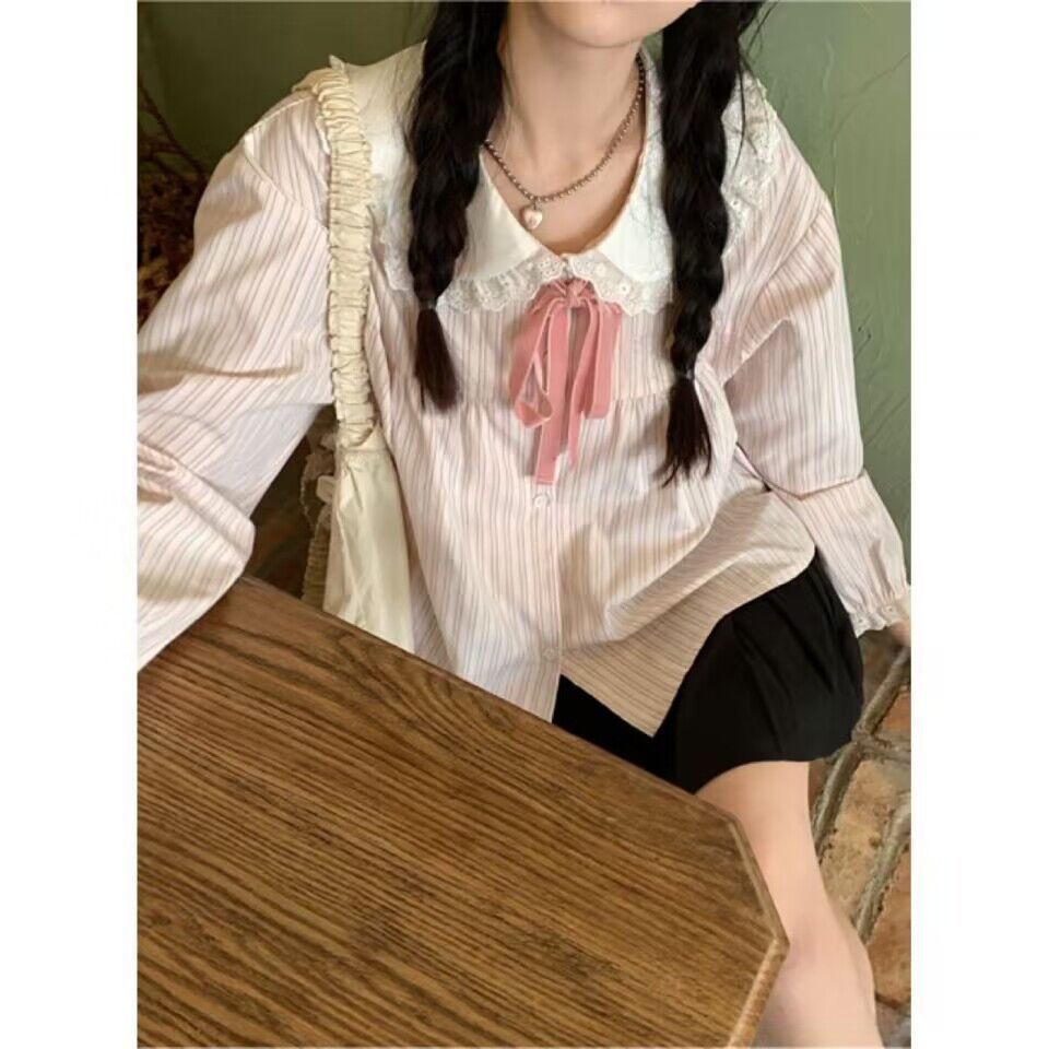 Áo Sơ Mi Tay Dài Cổ Búp Bê Họa Tiết Kẻ Sọc Phong Cách Nhật Bản Thời Trang Xuân Hè Mới 2023 Dành Cho Bạn Nữ