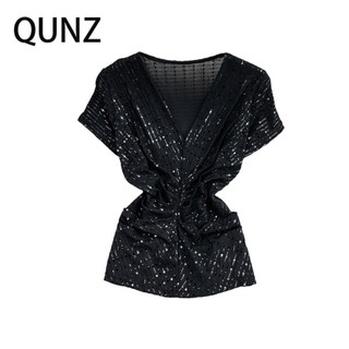 Qunz bán sỉ áo sơ mi lụa mỏng cổ chữ v sáng màu xuyên thấu 6609