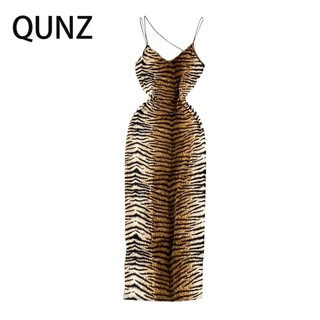 Qunz Đầm Sát Nách Cổ Chữ v Khoét Sâu Hở Lưng Họa Tiết Da Báo Quyến Rũ 6598
