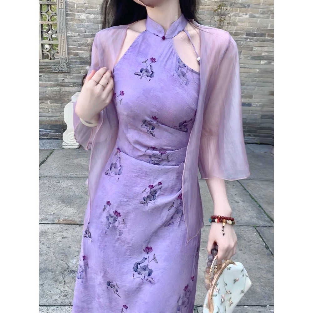 Here comes Đầm Sườn Xám Cách Tân Ôm Dáng Hở Vai Nhẹ Nhàng retro Hoa wisteria Thời Trang Xuân Hè Mới Dành Cho Bạn Nữ mlot