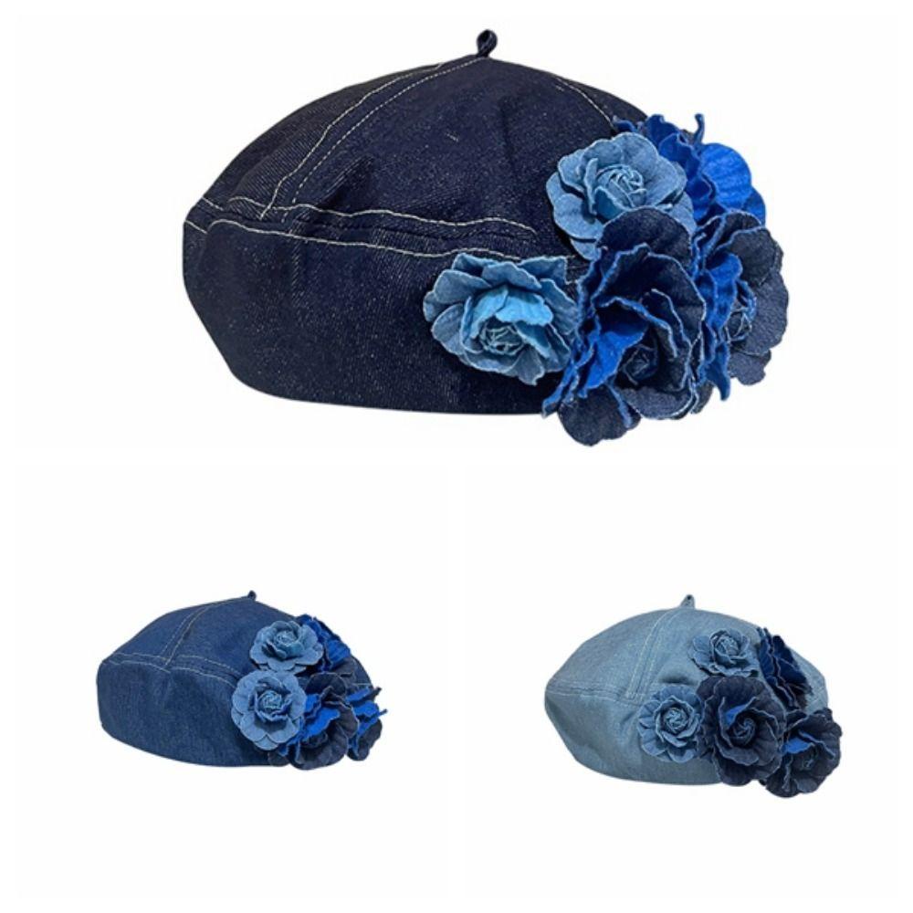 Mũ beret denim Họa Tiết Hoa Trà Phong Cách Hàn Quốc y2k y2k