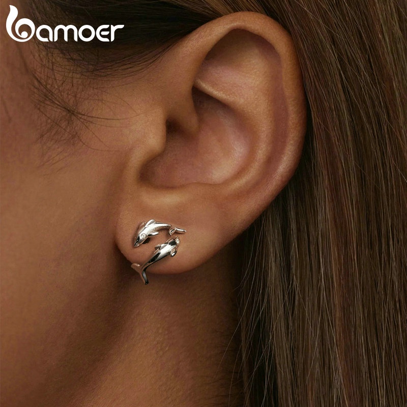 Bamoer Bông Tai Bạc sterling 925 Hình Cá Heo
