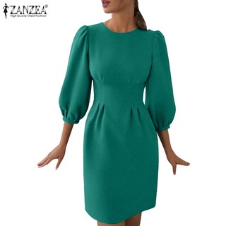 Zanzea Đầm Nữ Cổ Tròn Tay Phồng Eo Cao Thời Trang