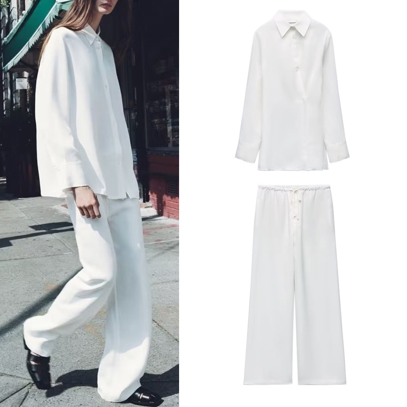 Zara Bộ Áo Sơ Mi Lụa satin + Quần Ống Rộng Thời Trang Mùa Thu Dành Cho Nữ8366966 8411966