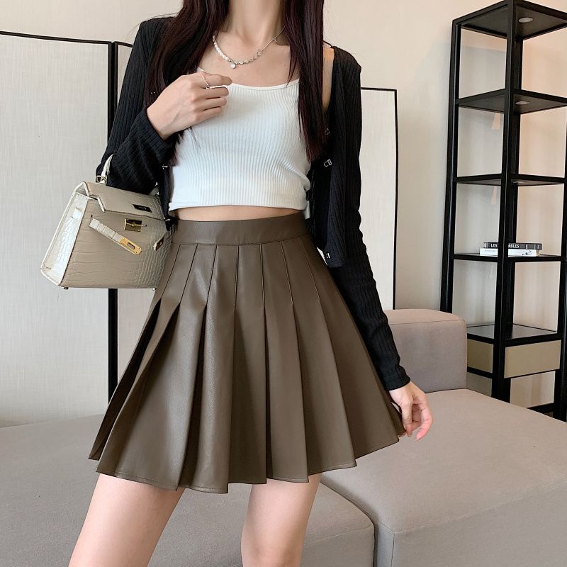 Chân Váy Da pu Xếp Ly Dáng Chữ a Lưng Cao Phong Cách Hàn Quốc Thời Trang Thu Đông 2023 Cho Nữ