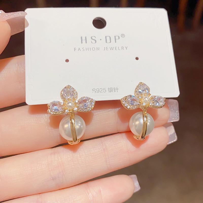 Bông Tai Mạ Bạc 925 Hình Hoa Đính Ngọc Trai zircon Sang Trọng Thời Trang 2023