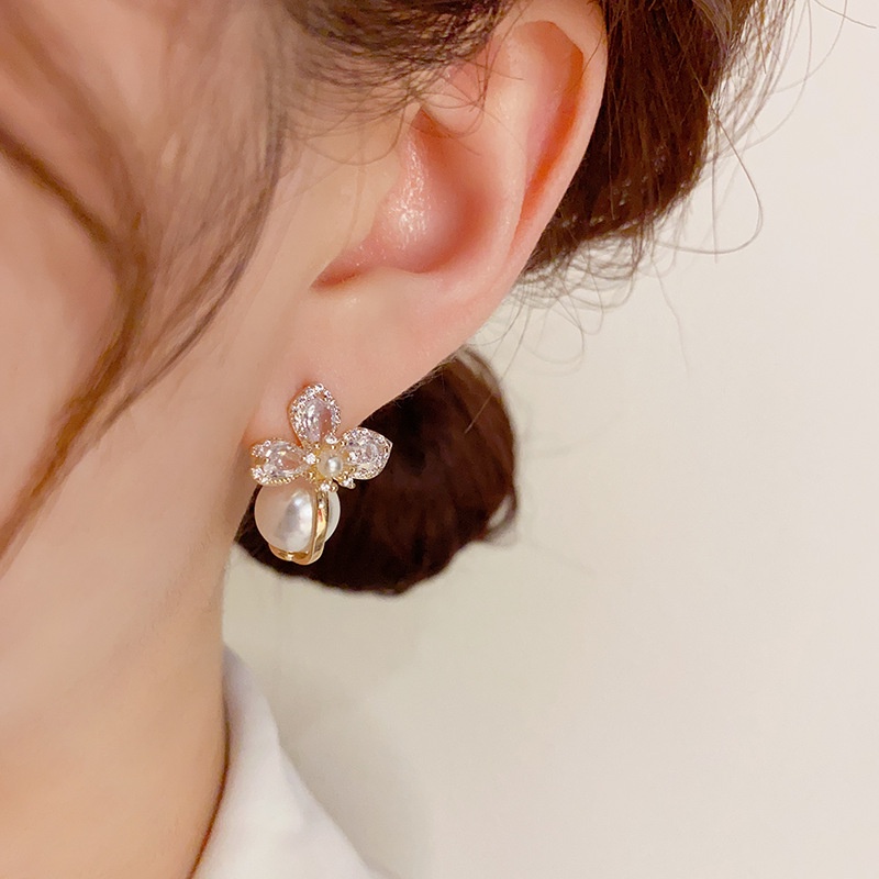Bông Tai Mạ Bạc 925 Hình Hoa Đính Ngọc Trai zircon Sang Trọng Thời Trang 2023