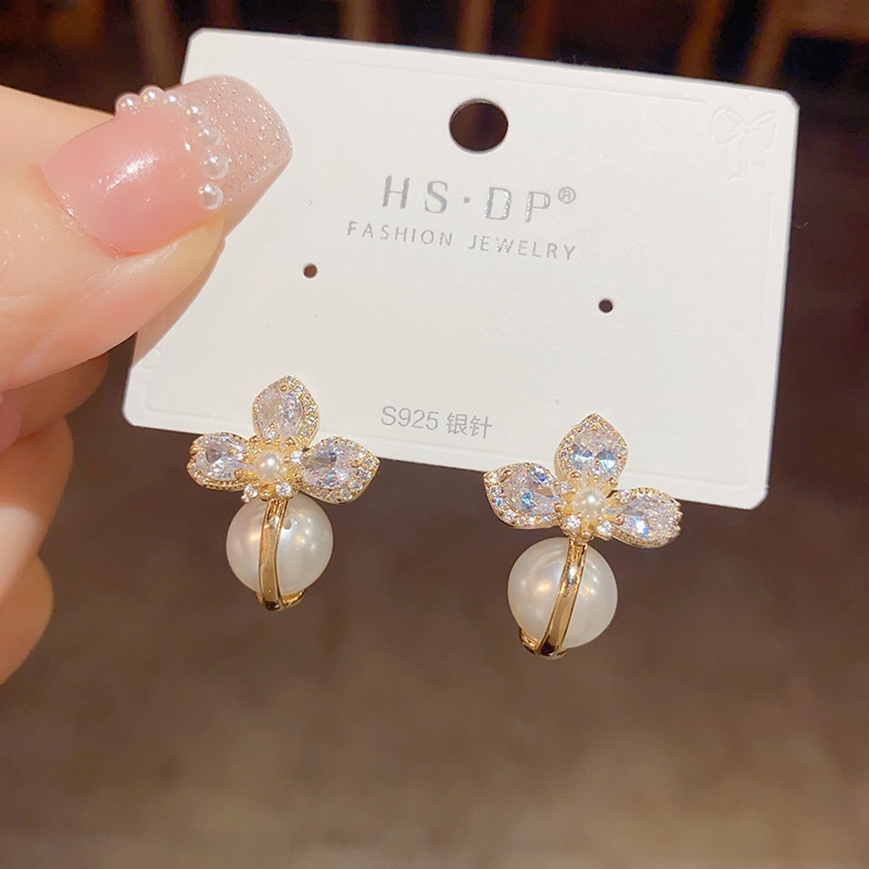 Bông Tai Mạ Bạc 925 Hình Hoa Đính Ngọc Trai zircon Sang Trọng Thời Trang 2023