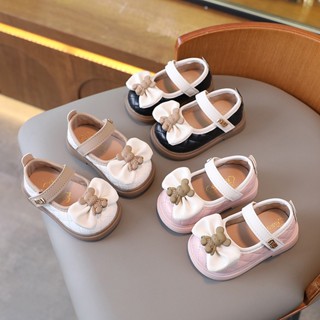 Giày búp bê cho bé da PU siêu mềm, đế êm cho bé, có nơ đính gấu xinh xắn - Giày đế bệt có quai ngang dán giúp bé C03