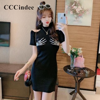 CCCindee Nữ Thời Trang Mới Silm Fit Treo Cổ Màu Sắc Tương Phản Tay Ngắn Nách Eo Tất Cả Trận Đấu Váy
