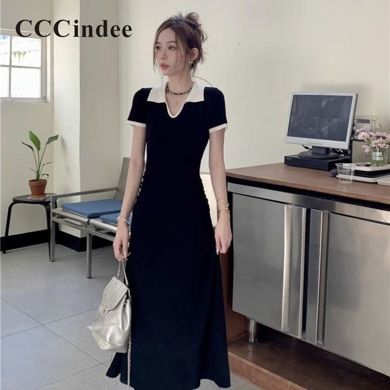 Cccindee Đầm Tay Ngắn Cổ polo Họa Tiết Kẻ Sọc Màu Tương Phản Thời Trang Mới 2023 Dành Cho Bạn Nữ