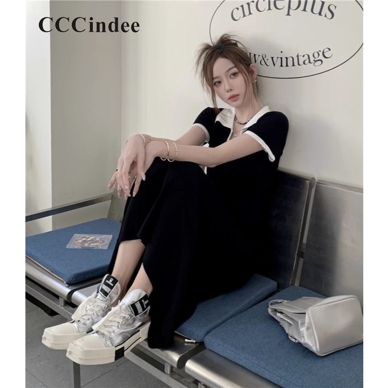 Cccindee Đầm Tay Ngắn Cổ polo Họa Tiết Kẻ Sọc Màu Tương Phản Thời Trang Mới 2023 Dành Cho Bạn Nữ