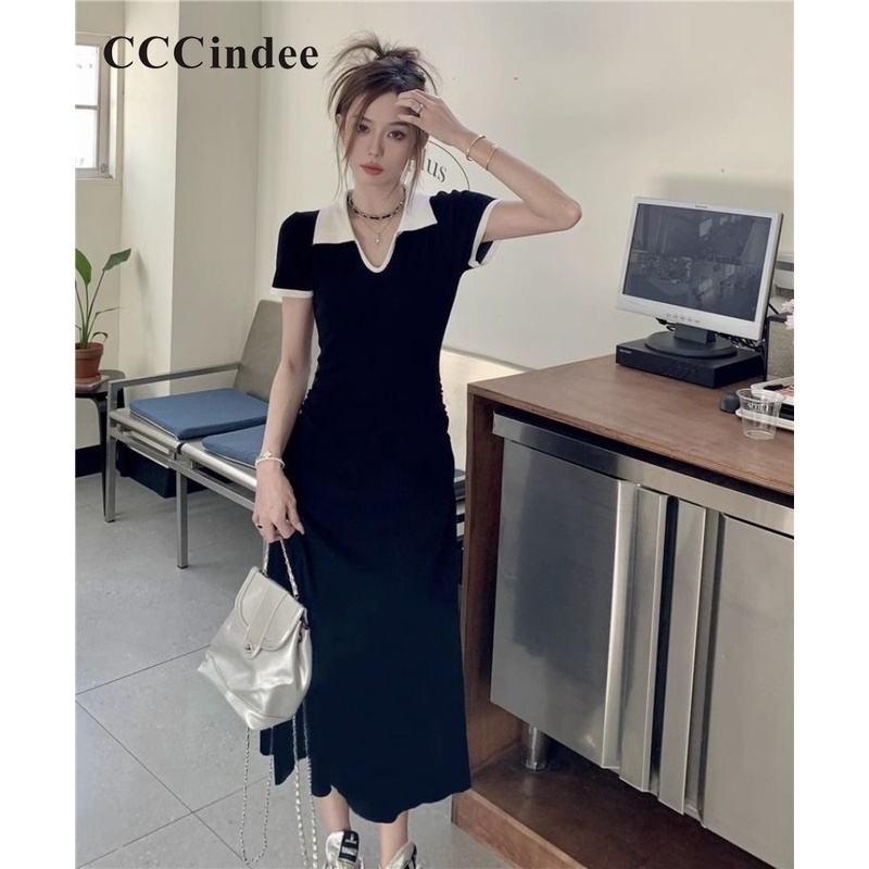 Cccindee Đầm Tay Ngắn Cổ polo Họa Tiết Kẻ Sọc Màu Tương Phản Thời Trang Mới 2023 Dành Cho Bạn Nữ
