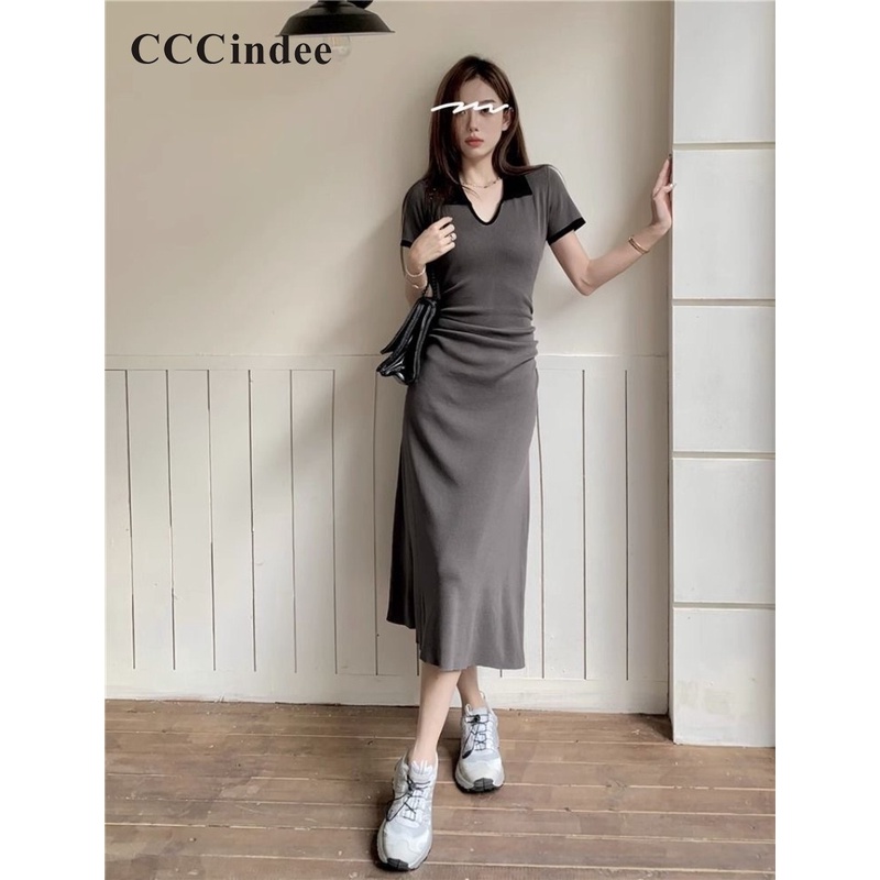 Cccindee Đầm Tay Ngắn Cổ polo Họa Tiết Kẻ Sọc Màu Tương Phản Thời Trang Mới 2023 Dành Cho Bạn Nữ