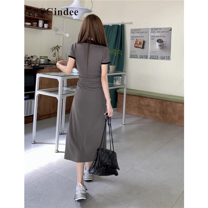 Cccindee Đầm Tay Ngắn Cổ polo Họa Tiết Kẻ Sọc Màu Tương Phản Thời Trang Mới 2023 Dành Cho Bạn Nữ