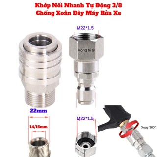 Khớp Nối Nhanh Tự Động Khóa 3/8 Inox Lổ Trong 14 Hoặc 15mm Chống Xoắn Dây Máy Rửa Xe