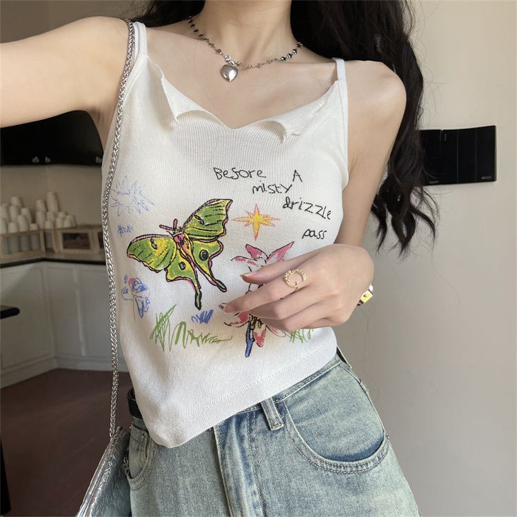 Áo Dệt Kim Hai Dây Dáng Ngắn In Họa Tiết Bướm Thời Trang Mùa Hè Hàng